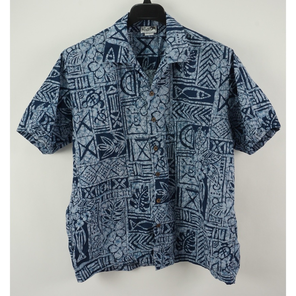 Vintage 80s 90s Paradise Style Mens XL Blue Cotton Geometric Open Hawaiian Shirt